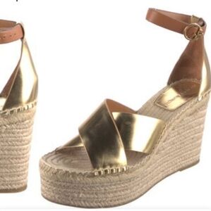 Tory Burch Women's Selby 105 Wedge Espadrille Sandals in Gold Leather 8.5